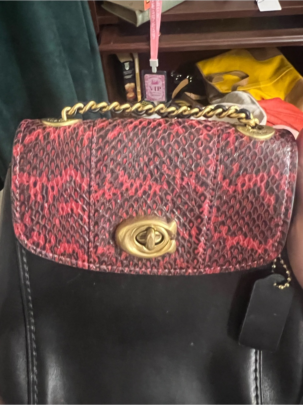 Coach Parker Black Leather Backpack with Red Python-Print Flap and Gold Hardware - Picture 4 of 7